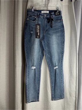 Ashley Mason Medium Blue Super High Rise Distressed Mom Jeans